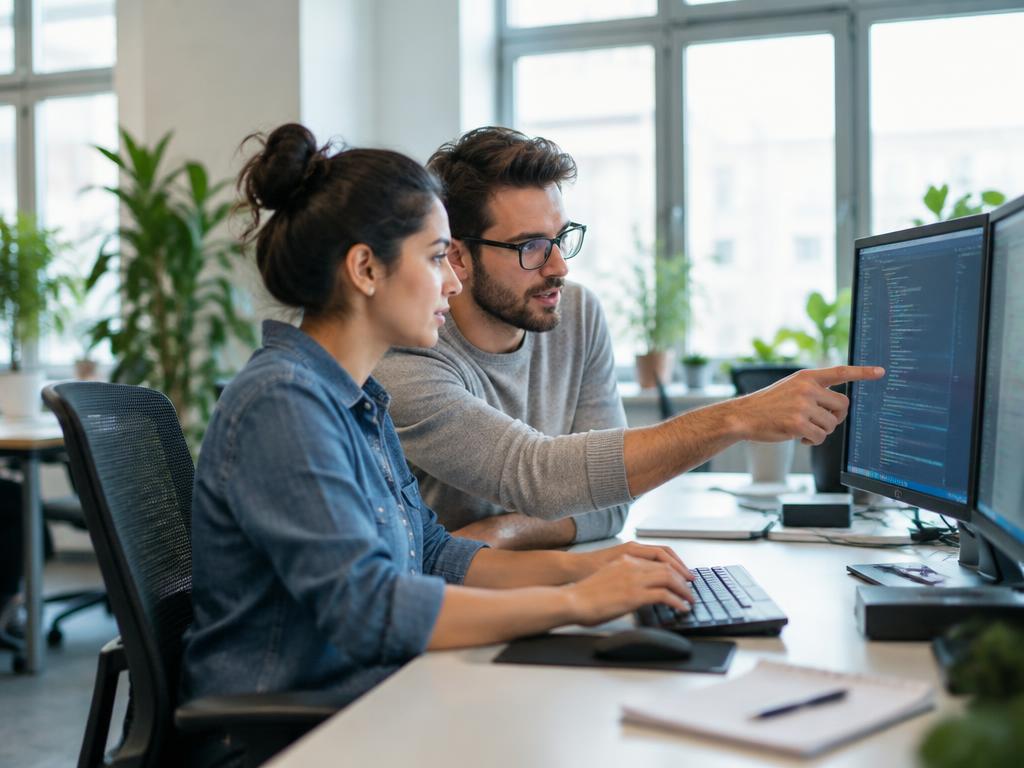 IT-Team arbeitet gemeinsam an Code an modernen Bildschirmen