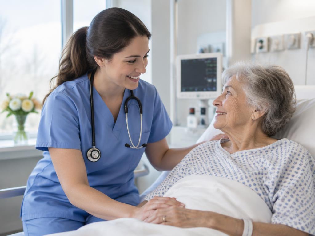 Pflegefachkraft im einfühlsamen Gespräch mit einer Patientin